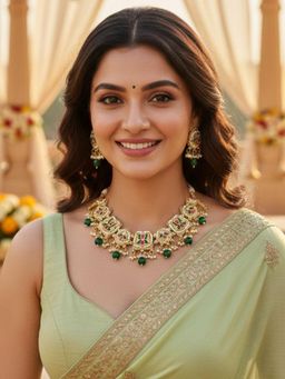 Karatcart - Stunning Floral Design Gold-Plated Green Beads Necklace Set for Women