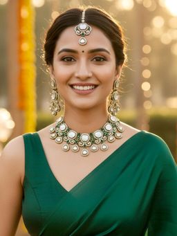 Karatcart - Traditional Green Teardrop Kundan Antique Gold-Plated Jewellery Set for Women