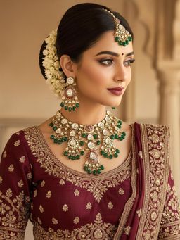Karatcart - Traditional Gold-Plated Green Beads Kundan Bridal Jewellery Set for Women