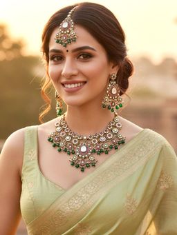 Karatcart - Traditional Gold-Plated Red and Green Kundan Bridal Jewellery Set for Women