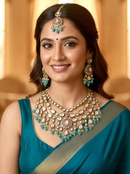 Karatcart - Designer Gold-Plated Sea Blue Drop Beads Kundan Bridal Jewellery Set for Women