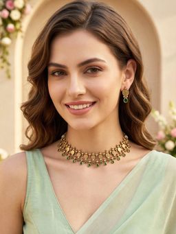 Karatcart - Traditional Temple Coin Design Green Stone Gold-Plated Choker Jewellery Set for Women
