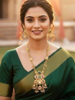 Karatcart - Traditional Temple Design Red Green Stone Gold-Plated Rani Haar Jewellery Set