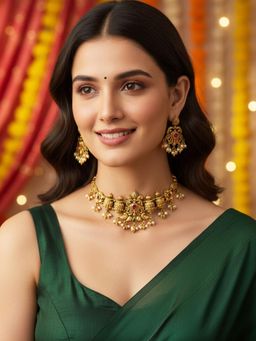 Karatcart - Traditional Temple Style Gold-Plated Red Stone Choker Jewellery Set for Women