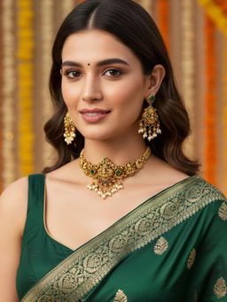 Karatcart - Traditional Lakshmi Temple Design Green Stone Gold-Plated Choker Jewellery Set