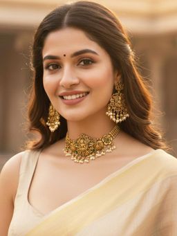 Karatcart - Traditional Lakshmi Temple Design Gold-Plated Pearl Drop Choker Jewellery Set