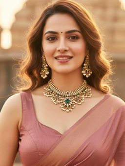 Karatcart - South Indian Temple Style Red and Green Stone Gold-Plated Jewellery Set for Women