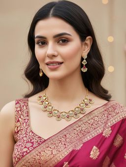 Karatcart - Traditional Red Teardrop Gold-Plated Necklace Jewellery Set