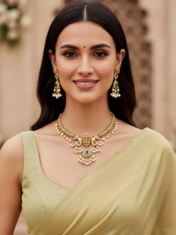 Karatcart - South Indian Temple Style Lakshmi Mata American Diamond Gold-Plated Jewellery Set