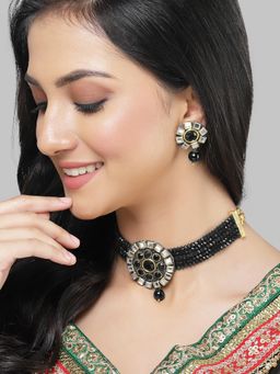 Karatcart - Black Crystal Beaded Gold-Plated Choker Necklace Set for Women