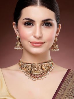Karatcart - Gold Plated Red Beads Laxmi Mata and Peacock Temple Jewellery Set for Women