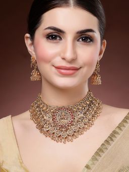 Karatcart - Gold Plated Red Beads Chakra Laxmi Mata Temple Jewellery Set for Women