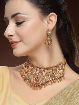 Karatcart - Gold Plated Red Beads Floral Laxmi Mata Temple Jewellery Set for Women