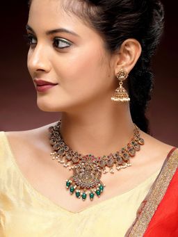 Karatcart - Traditional Gold-Plated Green Laxmi Mata and Peacock Temple Jewellery Set for Women