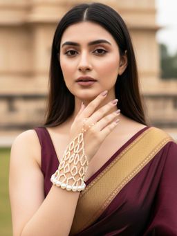 Karatcart - Traditional Gold Tone Pearl Net Design Hathphool for Women