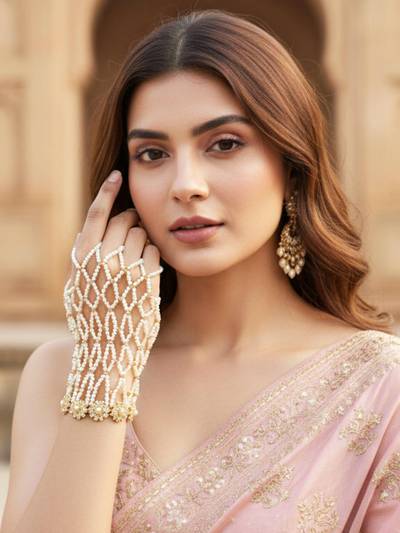 Traditional Gold Tone Pearl Beaded Net Design Hathphool for Women