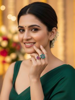 Karatcart - Oxidised Silver Floral Design Red and Green Stone Adjustable Cocktail Ring for Women