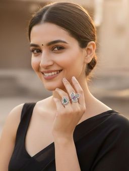 Karatcart - Oxidised Silver Floral Design Pink and Green Stone Adjustable Cocktail Ring for Women