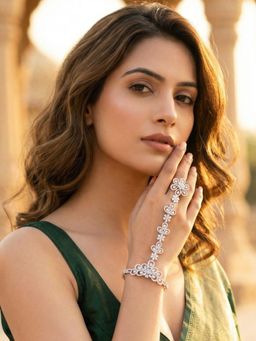 Karatcart - Designer Silver Plated Floral American Diamond Studded Hathphool for Women