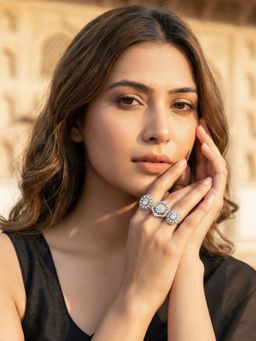 Karatcart - Silver Plated Triple Floral American Diamond Adjustable Cocktail Ring for Women