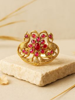 Karatcart - Gold Plated Peacock Design Red Stone Cocktail Ring for Women