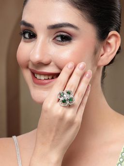 Karatcart - Trendy Green American Diamond Silver-Plated Floral Cocktail Rings for Women