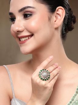 Karatcart - Classic Green American Diamond Silver-Plated Round Floral Cocktail Rings for Women