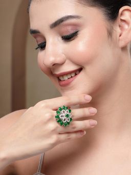 Karatcart - Designer Green American Diamond Silver-Plated Round Floral Cocktail Rings for Women
