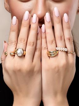 Karatcart - Bohey by Gold Plated 5 Rings Pack with Pearl Accents and Bold Designs for Women
