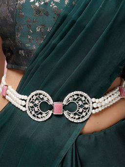 Karatcart - Traditional Gold Plated Pink Carved Stone Pearl Beaded Kamarbandh for Women