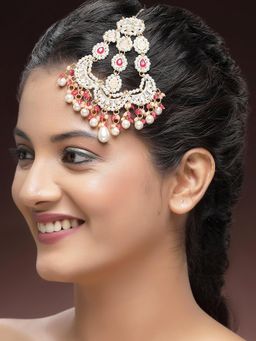 Karatcart - Traditional Gold-Plated Red and Peach Crystal Studded Kundan Passa for Women