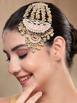 Karatcart - Designer Gold-Plated Pink Meena and Light Green Beads Kundan Passa for Women