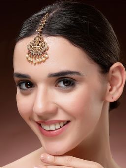 Karatcart - Traditional Gold Plated Temple Style Lakshmi Maang Tikka with Pearl Drops