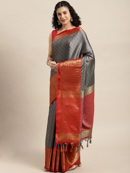 Vastranand - Grey Woven Design Banarasi Saree with Unstitched Blouse