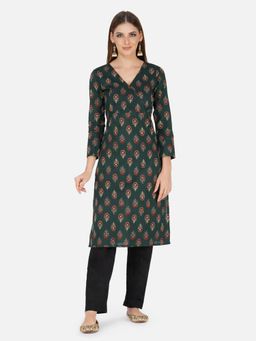 Fabnest - Women's Green Cotton Ajrakh Print Straight Kurta and Black Straight Pants (Set of 2)