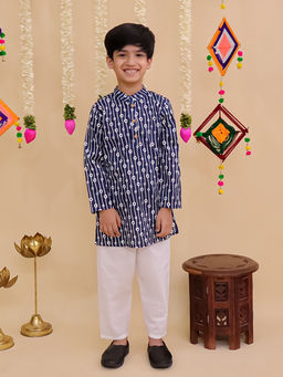 AJ Dezines - Blue Cotton Full Sleeves Printed Kurta and Pyjama Set