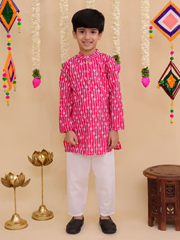 AJ Dezines - Pink Cotton Full Sleeves Printed Kurta and Pyjama Set