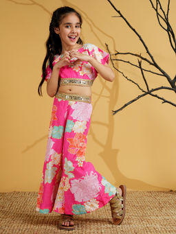 AJ Dezines - Pink Cotton Blend Half Sleeves Printed Girls Co-Ord Set