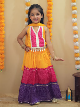 AJ Dezines - Yellow Cotton Sleeveless Printed Lehenga and Choli with Dupatta