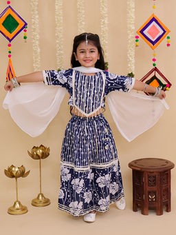 AJ Dezines - Blue Cotton Half-Sleeves Floral Printed Lehenga and Choli with Dupatta