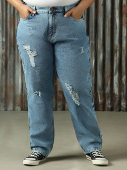 High Star - Women Plus Washed Mom Fit Cotton High Rise Jeans