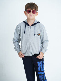 mackly - Boys Grey Melange Printed Hoodie