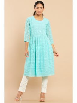 Soch - Women Turquoise Georgette Embroidered Kurta