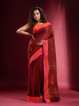 CHARUKRITI - Rust Pure Zari Floral Design Dual Border Saree with Unstitched Blouse