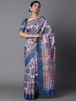 Akhilam - Womens Linen Blend Navy Blue Digital Print Designer Saree with Unstitched Blouse