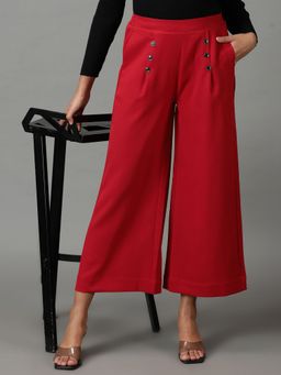 SHOWOFF - Women's High-rise Maroon Solid Straight Fit Parallel Trousers
