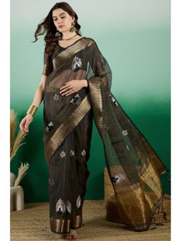 Mysilklove - Coral Black Khadi Organza Saree with Unstitched Blouse