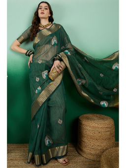 Mysilklove - Everglade Green Khadi Organza Saree with Unstitched Blouse
