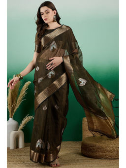 Mysilklove - Mehndi Green Khadi Organza Saree with Unstitched Blouse