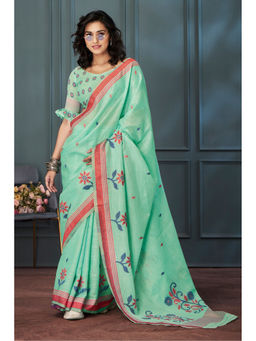 Mysilklove - Vista Green Handloom Linen Saree with Unstitched Blouse